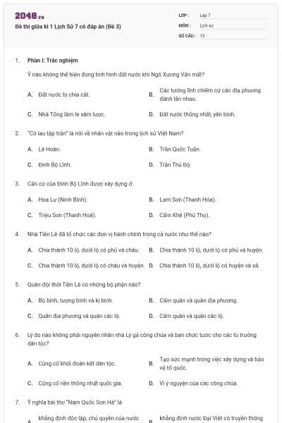 Đề thi giữa kì 1 Lịch Sử 7 có đáp án (Đề 3)