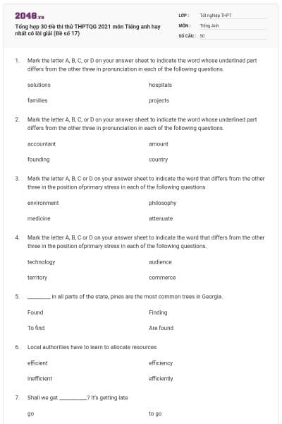 Tổng hợp 30 Đề thi thử THPTQG 2021 môn Tiếng anh hay nhất có lời giải (Đề số 17)