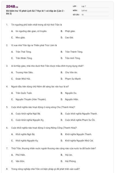 Đề kiểm tra 15 phút Lịch Sử 7 Học kì 1 có đáp án (Lần 2 - Đề 3)