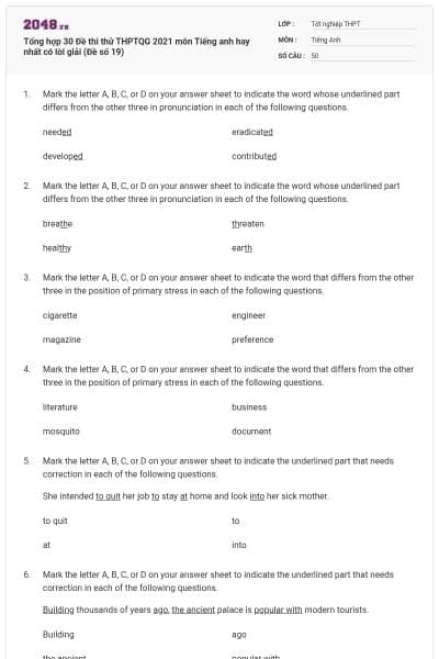 Tổng hợp 30 Đề thi thử THPTQG 2021 môn Tiếng anh hay nhất có lời giải (Đề số 19)