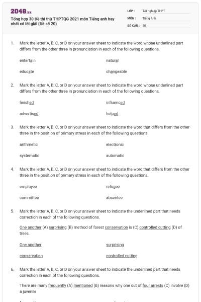 Tổng hợp 30 Đề thi thử THPTQG 2021 môn Tiếng anh hay nhất có lời giải (Đề số 20)