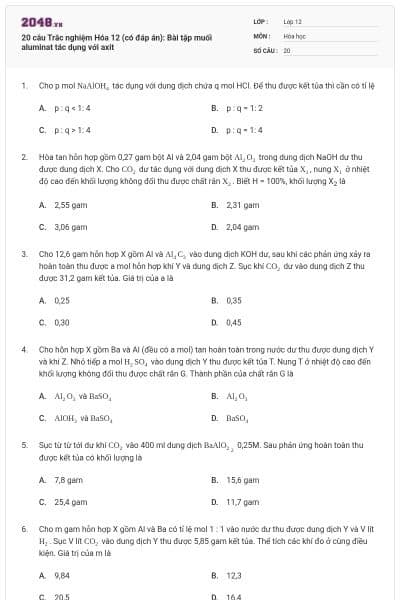 20 câu Trắc nghiệm Hóa 12 (có đáp án): Bài tập muối aluminat tác dụng với axit