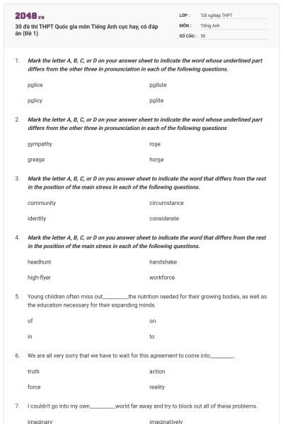 30 đề thi THPT Quốc gia môn Tiếng Anh cực hay, có đáp án (Đề 1)