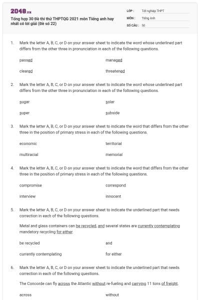 Tổng hợp 30 Đề thi thử THPTQG 2021 môn Tiếng anh hay nhất có lời giải (Đề số 22)