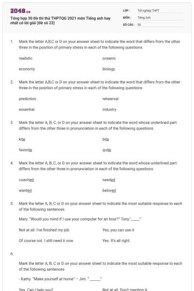 Tổng hợp 30 Đề thi thử THPTQG 2021 môn Tiếng anh hay nhất có lời giải (Đề số 23)