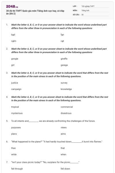 30 đề thi THPT Quốc gia môn Tiếng Anh cực hay, có đáp án (Đề 2)