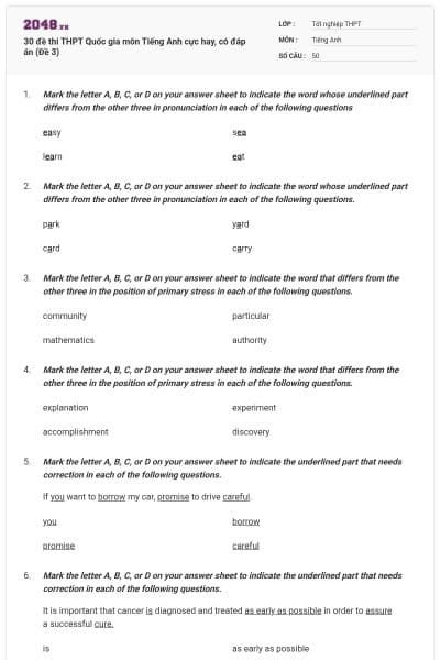 30 đề thi THPT Quốc gia môn Tiếng Anh cực hay, có đáp án (Đề 3)