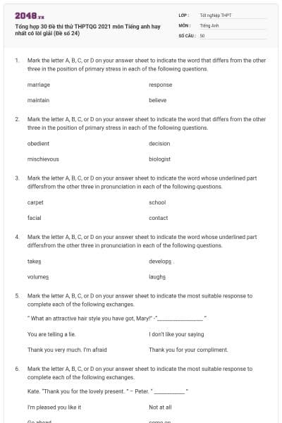 Tổng hợp 30 Đề thi thử THPTQG 2021 môn Tiếng anh hay nhất có lời giải (Đề số 24)