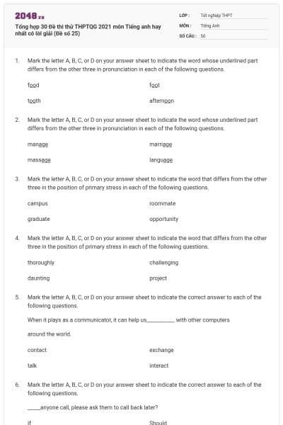 Tổng hợp 30 Đề thi thử THPTQG 2021 môn Tiếng anh hay nhất có lời giải (Đề số 25)