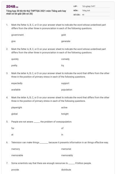 Tổng hợp 30 Đề thi thử THPTQG 2021 môn Tiếng anh hay nhất có lời giải (Đề số 26)