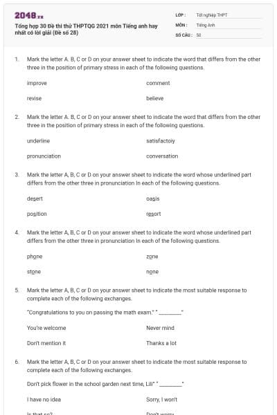 Tổng hợp 30 Đề thi thử THPTQG 2021 môn Tiếng anh hay nhất có lời giải (Đề số 28)