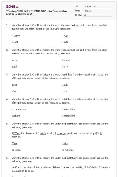 Tổng hợp 30 Đề thi thử THPTQG 2021 môn Tiếng anh hay nhất có lời giải (Đề số 29)