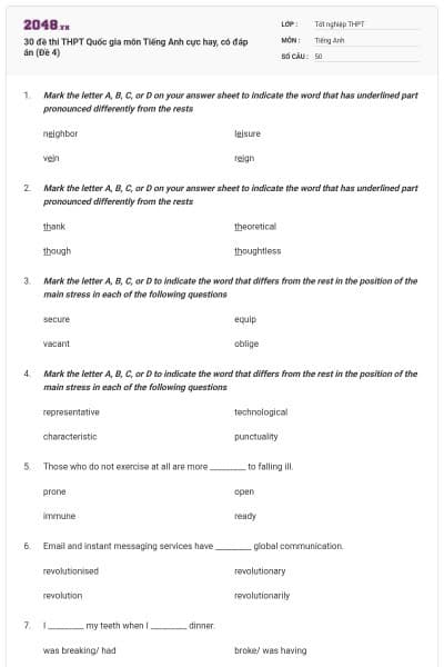30 đề thi THPT Quốc gia môn Tiếng Anh cực hay, có đáp án (Đề 4)