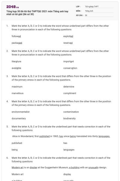 Tổng hợp 30 Đề thi thử THPTQG 2021 môn Tiếng anh hay nhất có lời giải (Đề số 30)