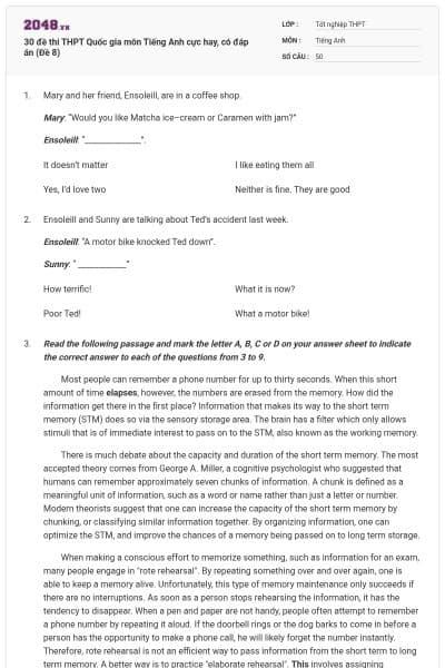 30 đề thi THPT Quốc gia môn Tiếng Anh cực hay, có đáp án (Đề 8)