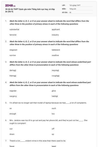 30 đề thi THPT Quốc gia môn Tiếng Anh cực hay, có đáp án (Đề 9)