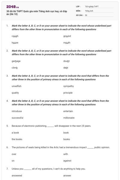 30 đề thi THPT Quốc gia môn Tiếng Anh cực hay, có đáp án (Đề 10)