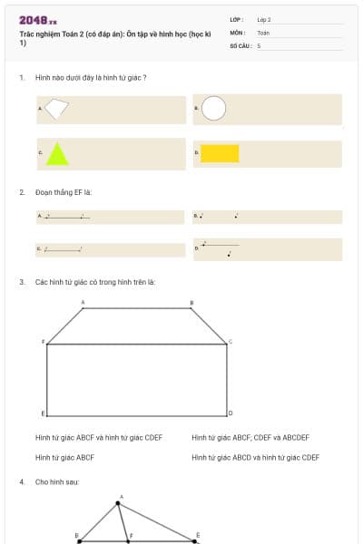 Trắc nghiệm Toán 2 (có đáp án): Ôn tập về hình học (học kì 1)