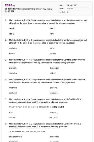 30 đề thi THPT Quốc gia môn Tiếng Anh cực hay, có đáp án (Đề 11)