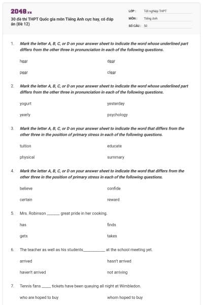 30 đề thi THPT Quốc gia môn Tiếng Anh cực hay, có đáp án (Đề 12)
