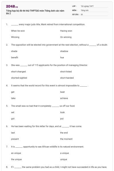 Tổng hợp bộ đề thi thử THPTQG môn Tiếng Anh các năm Đề 2