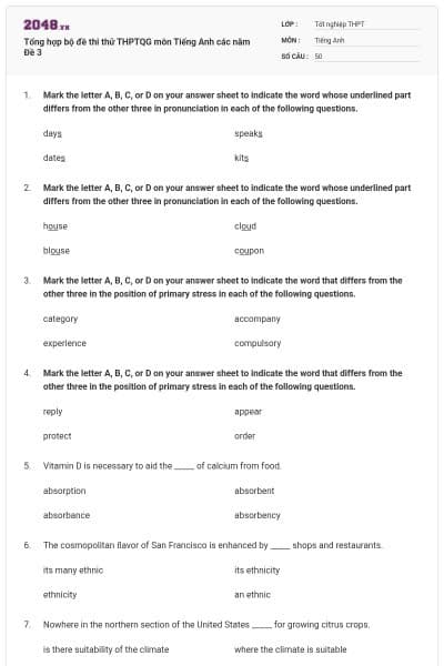 Tổng hợp bộ đề thi thử THPTQG môn Tiếng Anh các năm Đề 3