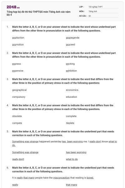 Tổng hợp bộ đề thi thử THPTQG môn Tiếng Anh các năm Đề 4