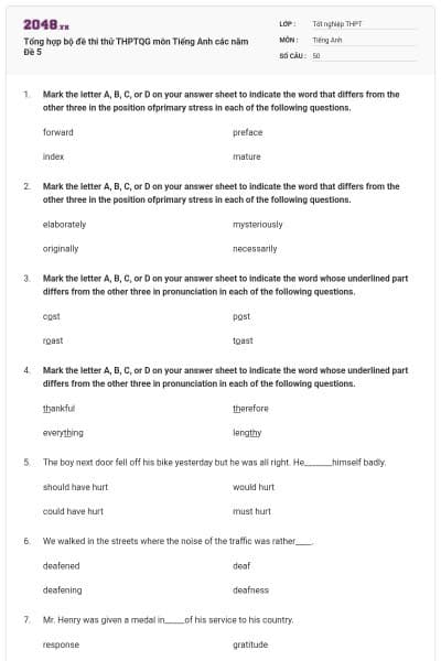 Tổng hợp bộ đề thi thử THPTQG môn Tiếng Anh các năm Đề 5