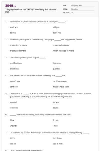 Tổng hợp bộ đề thi thử THPTQG môn Tiếng Anh các năm Đề 6