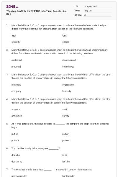 Tổng hợp bộ đề thi thử THPTQG môn Tiếng Anh các năm Đề 7