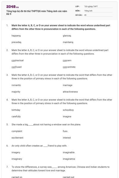 Tổng hợp bộ đề thi thử THPTQG môn Tiếng Anh các năm Đề 9