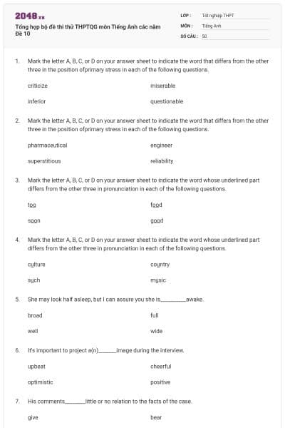 Tổng hợp bộ đề thi thử THPTQG môn Tiếng Anh các năm Đề 10