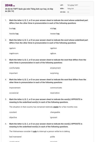 30 đề thi THPT Quốc gia môn Tiếng Anh cực hay, có đáp án (Đề 14)