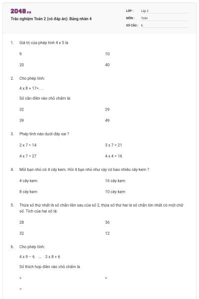 Trắc nghiệm Toán 2 (có đáp án): Bảng nhân 4