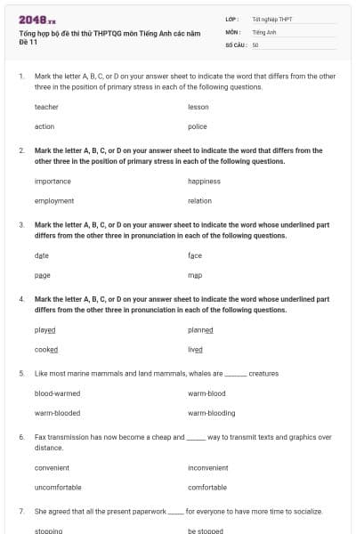 Tổng hợp bộ đề thi thử THPTQG môn Tiếng Anh các năm Đề 11