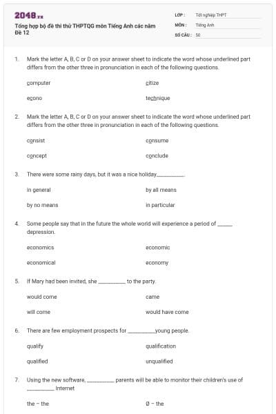 Tổng hợp bộ đề thi thử THPTQG môn Tiếng Anh các năm Đề 12