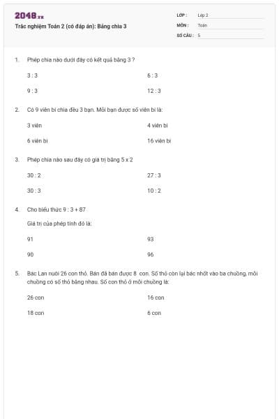 Trắc nghiệm Toán 2 (có đáp án): Bảng chia 3