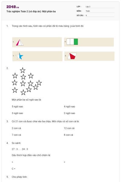 Trắc nghiệm Toán 2 (có đáp án): Một phần ba