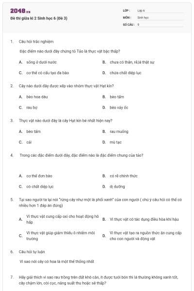 Đề thi giữa kì 2 Sinh học 6 (Đề 3)