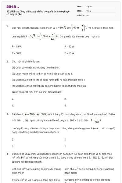 332 Bài tập Dòng điện xoay chiều trong đề thi thử Đại học có lời giải (P4)
