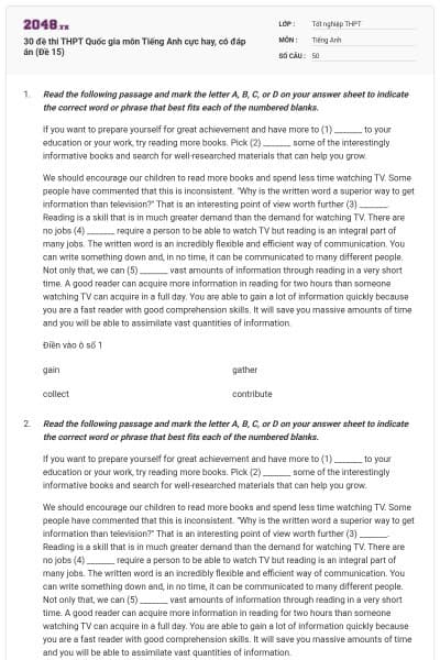 30 đề thi THPT Quốc gia môn Tiếng Anh cực hay, có đáp án (Đề 15)