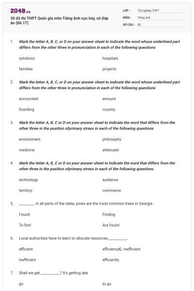 30 đề thi THPT Quốc gia môn Tiếng Anh cực hay, có đáp án (Đề 17)