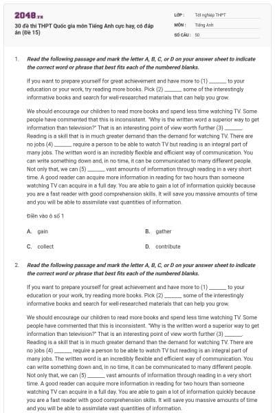 30 đề thi THPT Quốc gia môn Tiếng Anh cực hay, có đáp án (Đề 15)