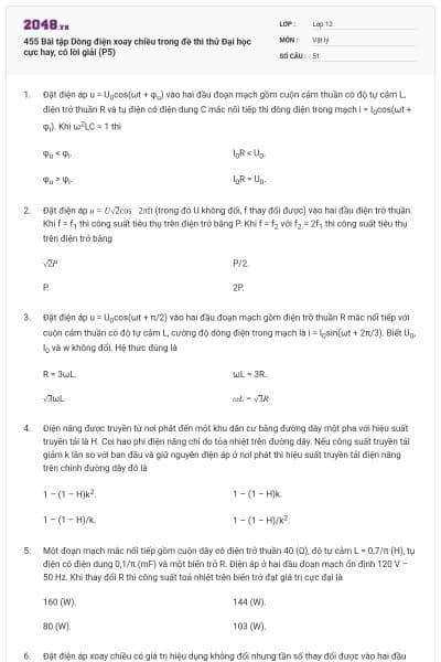 455 Bài tập Dòng điện xoay chiều trong đề thi thử Đại học cực hay, có lời giải (P5)