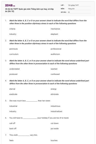 30 đề thi THPT Quốc gia môn Tiếng Anh cực hay, có đáp án (Đề 18)
