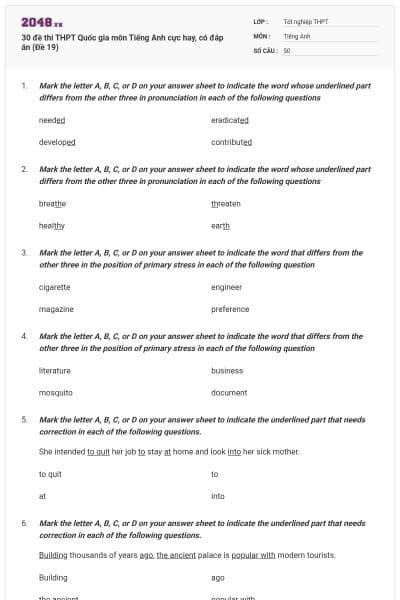 30 đề thi THPT Quốc gia môn Tiếng Anh cực hay, có đáp án (Đề 19)