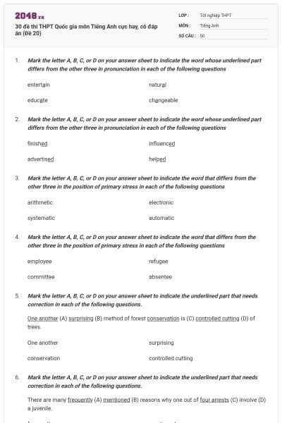 30 đề thi THPT Quốc gia môn Tiếng Anh cực hay, có đáp án (Đề 20)