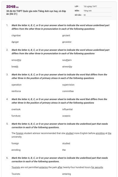 30 đề thi THPT Quốc gia môn Tiếng Anh cực hay, có đáp án (Đề 21)