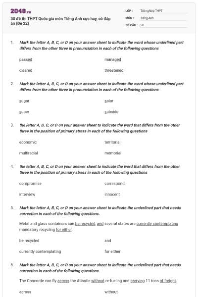 30 đề thi THPT Quốc gia môn Tiếng Anh cực hay, có đáp án (Đề 22)
