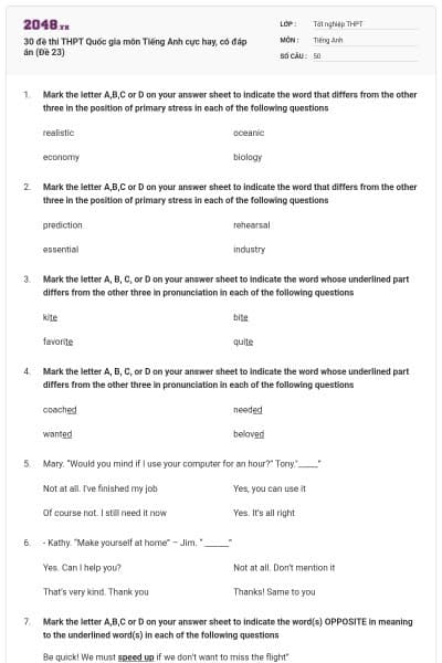 30 đề thi THPT Quốc gia môn Tiếng Anh cực hay, có đáp án (Đề 23)